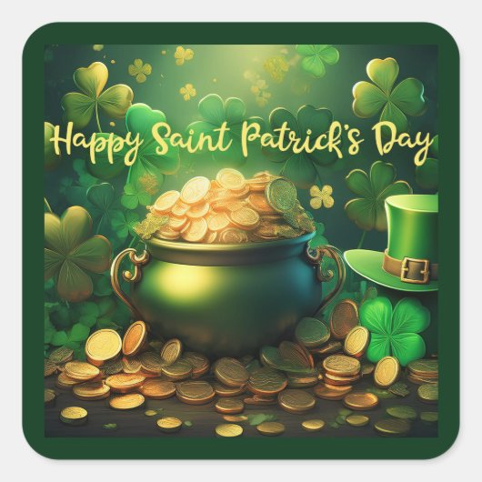 Sticker Carré Joyeux Saint Patrick's Day Pot of Gold Coins (Devant)