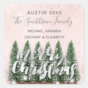 Sticker Carré Joyeux sapin de Noël Or rose lumières d'hiver neig