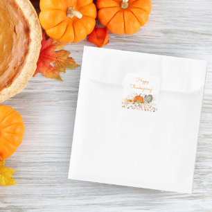 Sticker Carré Joyeux Thanksgiving Aquarelle Citrouille & Dinde