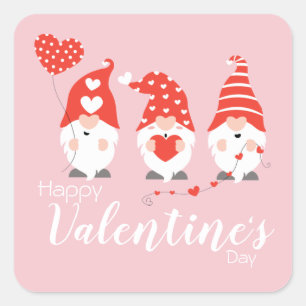 Sticker Carré Joyeux Valentin Gnomes Rouge Rose