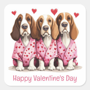 Sticker Carré Joyeux Valentines Day Basset Hound Dogs