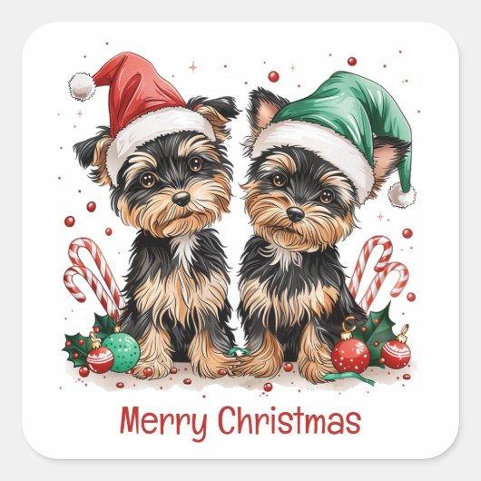 Sticker Carré Joyeux Yorkshire Terrier Chiens de Noël (Devant)