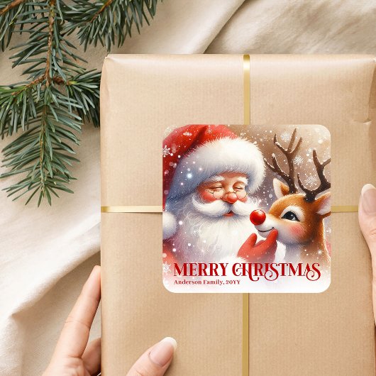 Sticker Carré Joyful Personalized Santa and Rudolph Christmas  