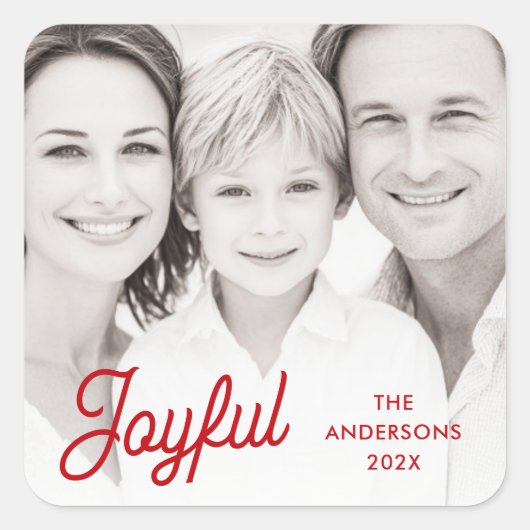 Sticker Carré Joyful red festive retro font name year photo (Devant)