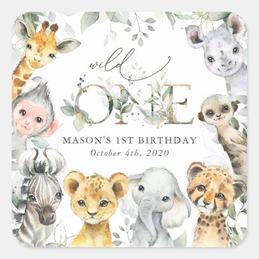 Sticker Carré Jungle Animals, Safari, Wild One, First Birthday (Devant)