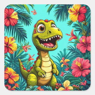 Sticker Carré Jungle de dinosaures de dessin animé 🌴 Dino tropi