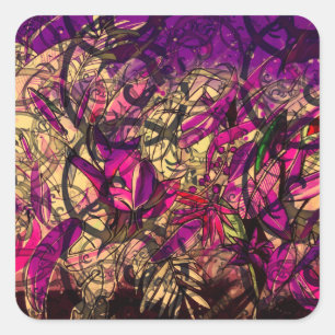 Sticker Carré Jungle Feuille Art tourbillon noir violet