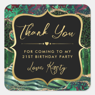 Sticker Carré Jungle Safari Agate Vert et Or Anniversaire