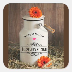 Sticker Carré Jus de lait blanc rustique avec fleurs orange Cuis