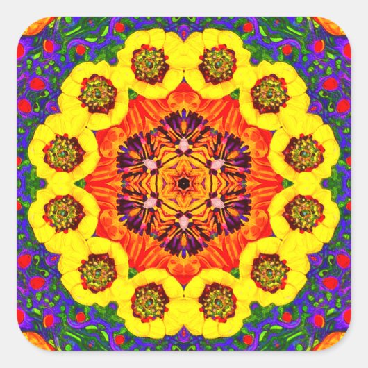 Sticker Carré Kaléidoscope de fleurs dorées (Devant)