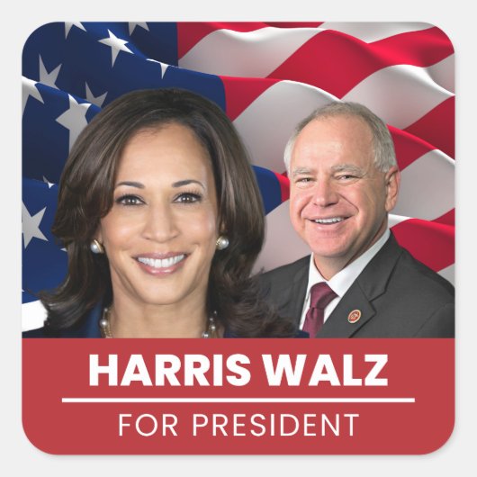 Sticker Carré Kamala Harris Tim Walz Pour Président 2024 (Devant)