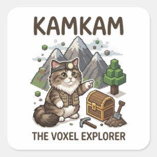 Sticker Carré KAMKAM l'explorateur de voxels, chat drôle de joue