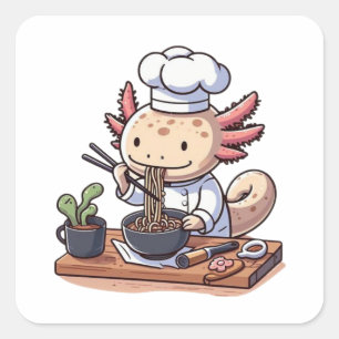 Sticker Carré Kawaii Axolotl Manger Ramen