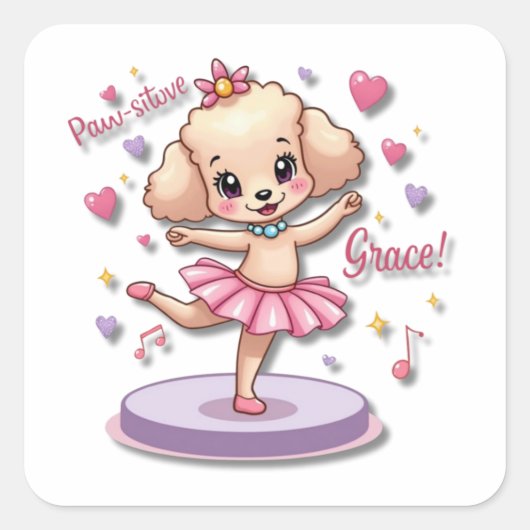 Sticker Carré Kawaii Ballet Poodle avec un tutu frileux (Devant)