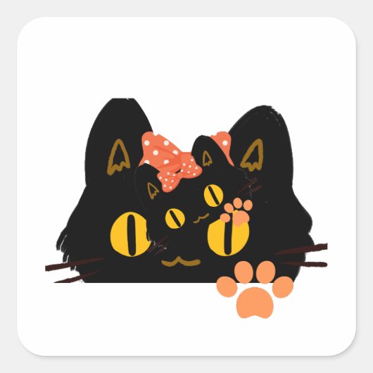 Sticker Carré Kawaii Black Cat Peekaboo Art with Bow (Devant)