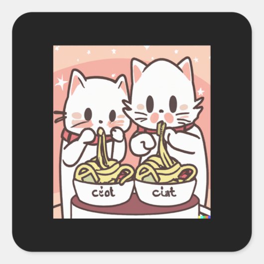 Sticker Carré Kawaii Chat Pho Soupe Noodle Alimentation Asiatiqu (Devant)