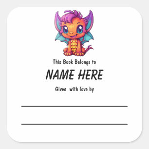 Sticker Carré Kawaii Dragon Bookplate pour enfants avec message