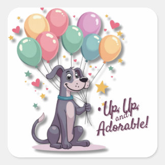 Sticker Carré Kawaii Great Dane Pup avec des ballons