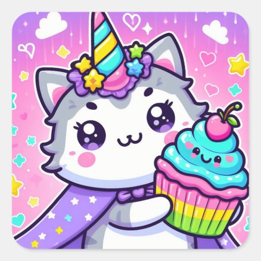 Sticker Carré Kawaii Kitty Avec cupcake Anniversaire (Devant)
