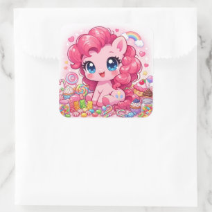Sticker Carré Kawaii Pink Pony Chibi Art – Bonbons Sucrés & Cupc