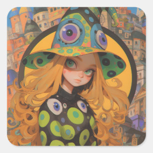 Sticker Carré Kawaii Witch & Eyeball Casquette à Imaginaire City