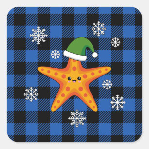 Sticker Carré Kawaii Xmas Starfish sur Blue Buffalo Motif
