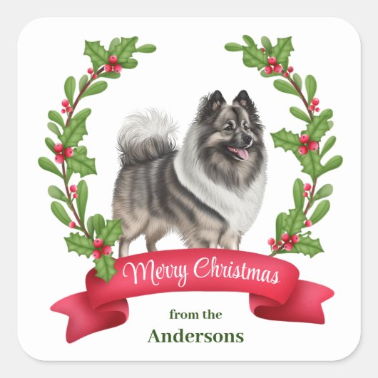 Sticker Carré Keeshond Chien Holly Banner Noël (Devant)