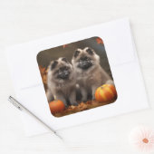 Sticker Carré Keeshond Chiot Automne Citrouille délice (Enveloppe)