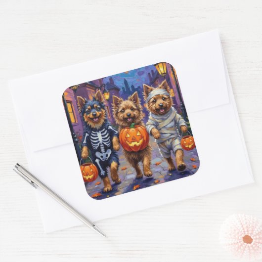 Sticker Carré Keeshond Trick-or-Treating dans les costumes d'Hal (Enveloppe)