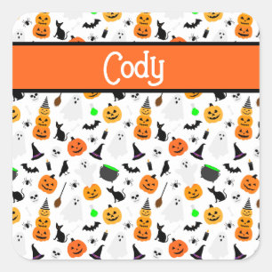 Sticker Carré Kid Halloween Ghost Citrouille Black Chat Personna