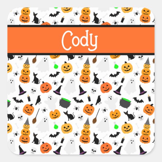 Sticker Carré Kid Halloween Ghost Citrouille Black Chat Personna (Devant)