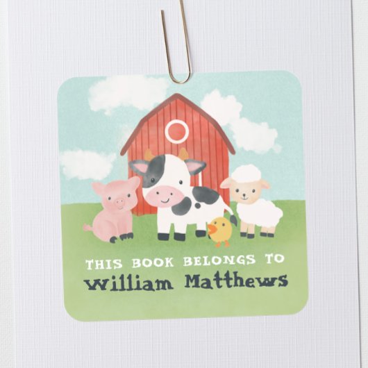 Sticker Carré Kids Cute Farm Animal School Library Bookplate