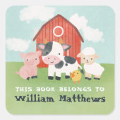 Sticker Carré Kids Cute Farm Animal School Library Bookplate (Devant)