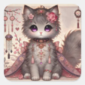 Sticker Carré Kimono rose Princesse Chat (Devant)