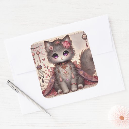 Sticker Carré Kimono rose Princesse Chat (Enveloppe)