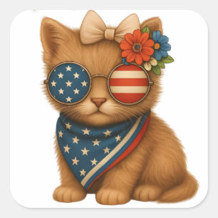 Sticker Carré Kitten arc-en-ciel patriotique avec noeud papillon