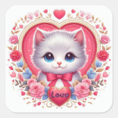Sticker Carré Kitten avec Bow rouge avec Coeurs floraux romantiq (Devant)