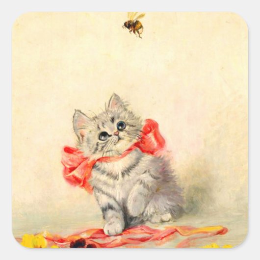 Sticker Carré Kitten avec ruban rouge (Devant)