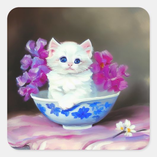 Sticker Carré Kitten blanc vintage aux fleurs roses (Devant)