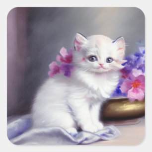 Sticker Carré Kitten blanc vintage aux fleurs roses et violettes