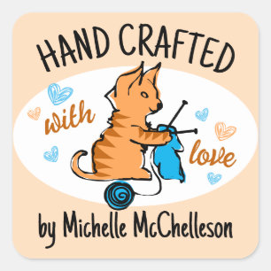 Sticker Carré kitten chat tricot aiguilles fil cadeau tag étique