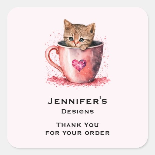 Sticker Carré Kitten dans un Teacup avec coeur Merci d'affaires (Devant)