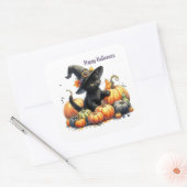 Sticker Carré Kitten d'Halloween noir avec Citrouilles et Casque (Enveloppe)