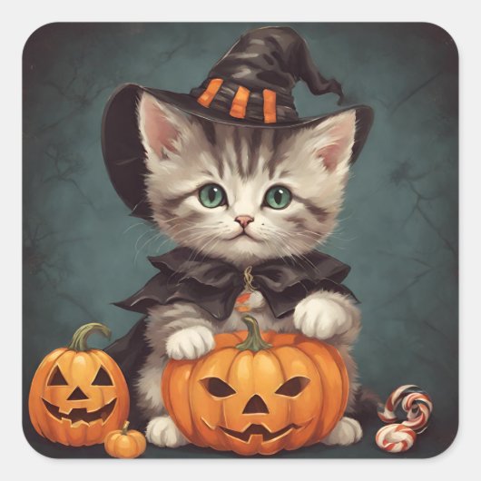 Sticker Carré Kitten en costume d'Halloween et Jack-O'Lantern (Devant)