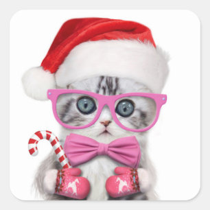Sticker Carré Kitten in Christmas hat