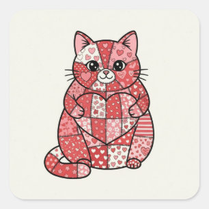 Sticker Carré Kitten Patchwork Fantaisiste Tenant un Cœur en Art