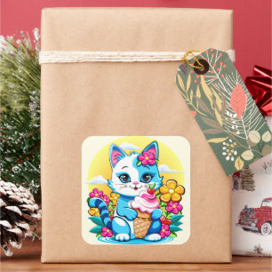 Sticker Carré Kitty Chat avec crème glacée Summer Kawaii Caractè