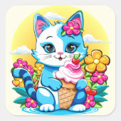 Sticker Carré Kitty Chat avec crème glacée Summer Kawaii Caractè (Devant)
