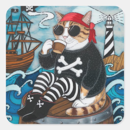 Sticker Carré Kitty Pirate en pull noir flou avec un café (Devant)