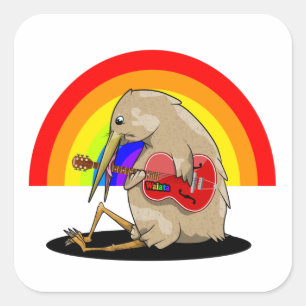 Sticker Carré Kiwi jouant de la guitare arc-en-ciel